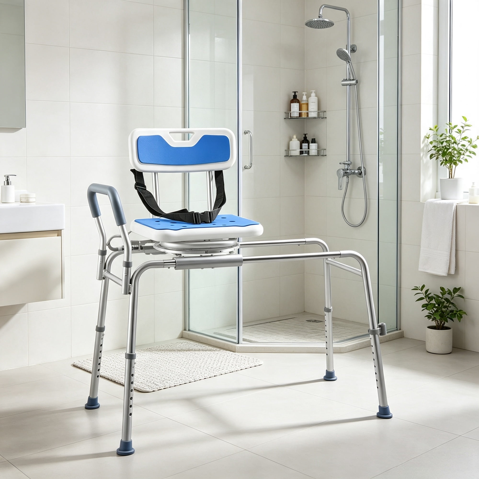 Sliding Shower Chair with Swivel Seat, 400 lbs Tub Transfer Bench with Padded Arms & Backrest, Height Adjustable, for Seniors & Disabled