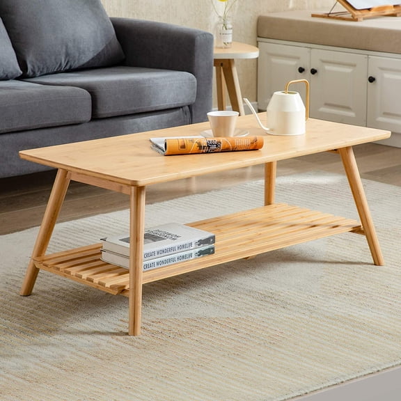 Coffee Table Foldable Bamboo Mid Century Desk TV Stand with Open Storage Shelf Center Table for Living Room Furniture RV No Assembly