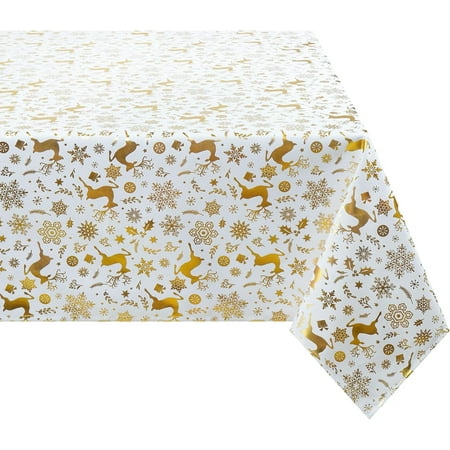 

Christmas Tablecloth 60×120 Inch Gold Snowflake Christmas Table Cloth for Winter Elk Christmas Tablecloths Waterproof Xmas Table Cover for Table Kitchen Dining Holiday Rectangle