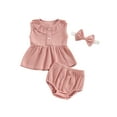 thumbnail image 2 of Aojekbee Baby Girls 3Pcs Summer Outfits Sleeveless Button Front Tops + Shorts + Headband Set Newborn Clothes, 2 of 10