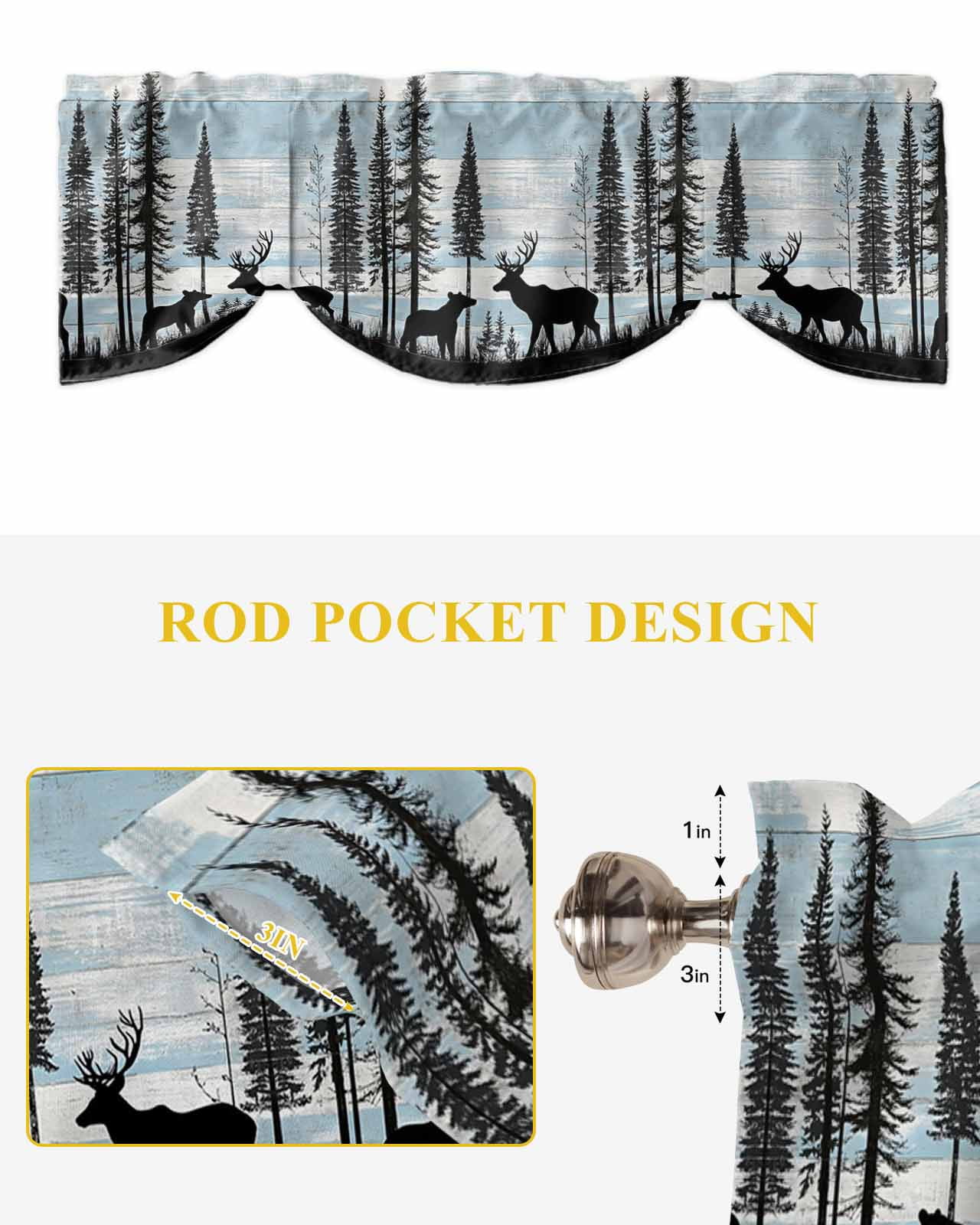 Black Bear Elk Tie Up Valances Curtain, Blue White Wood Grain Forest Animal Nature Kitchen Valances for Windows Decor, Rod Pocket Short Curtains Set for Bedroom/Bathroom, 60"x18"