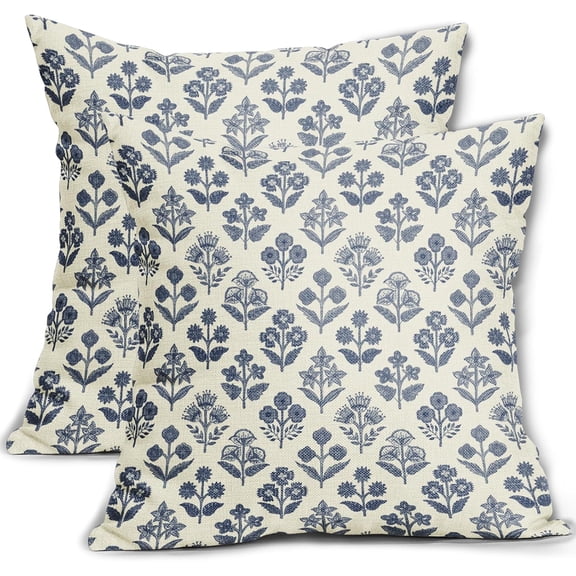 Dark Blue Floral Pillow Covers 20x20 Inch Set of 2, Vintage Flower Block Print Pattern Decorative Throw Pillowcases Outdoor Farmhouse Cushion Covers Spring Summer Rustic Sofa Couch Bed Decor