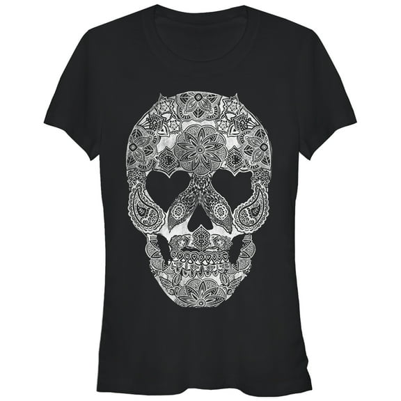 Junior's Lost Gods Henna Grinning Skull Print  Graphic Tee Black Small