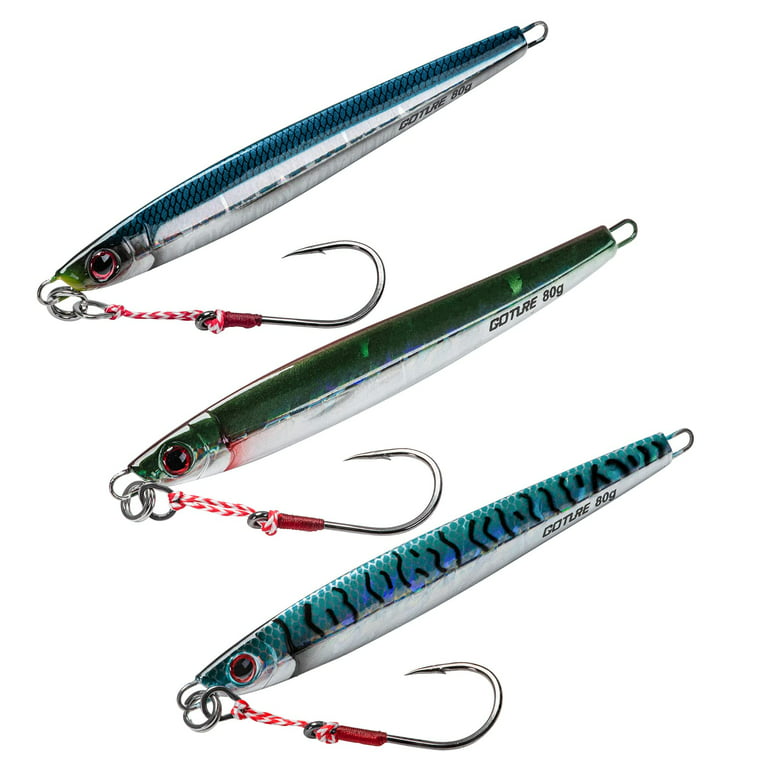 Goture Fishing Jigs Saltwater 60g-150g with Assist Hook, Glow Vertical Jigs,  Speed Fast Lead Jig Sea Fishing Jigging Spoon Lures for Tuna, Salmon ,  Sailfish , Striped bass, Grouper Snapper, Kingfish 