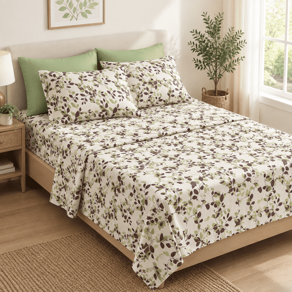 Home 6-piece Elegant Bed Sheet Set - Beige/green Leaves