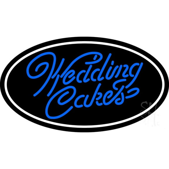 Oval Blue Wedding Cakes Cursive LED Neon Sign 13 x 24 - inches, Black Square Cut Acrylic Backing, with Dimmer - Premium built indoor Sign for Storefront, Store interior.