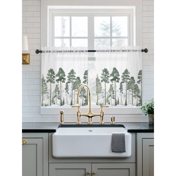 Green Botanical Sheer Kitchen Tier Curtains 24 Inch length, Rod Pocket Half Curtains Short Drapes, Watercolor Tree Light Filtering Chiffon Small Window Treatments 2 Panels 27.5"W x 24"L