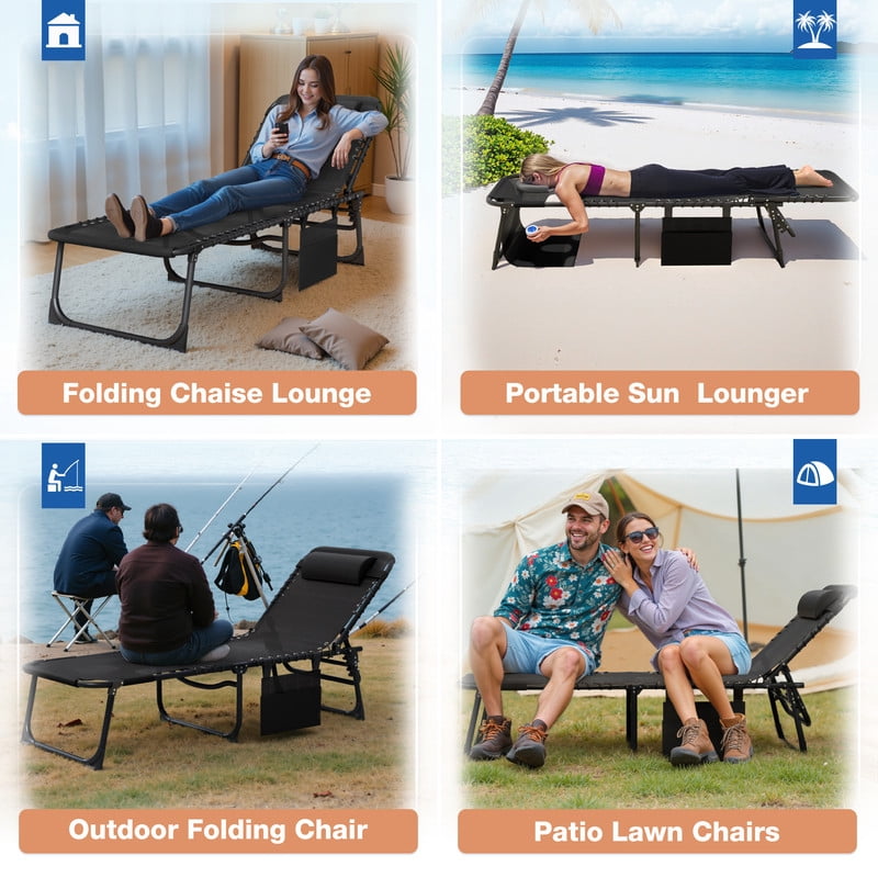 Vineego Folding Chaise Lounge Chair with Face Hole for Tanning, 5-Position Adjustable Textilene Outdoor Sunbathing Chair, Face Down Patio Pool Lounge Chair with Side Pocket & Pillow, Black