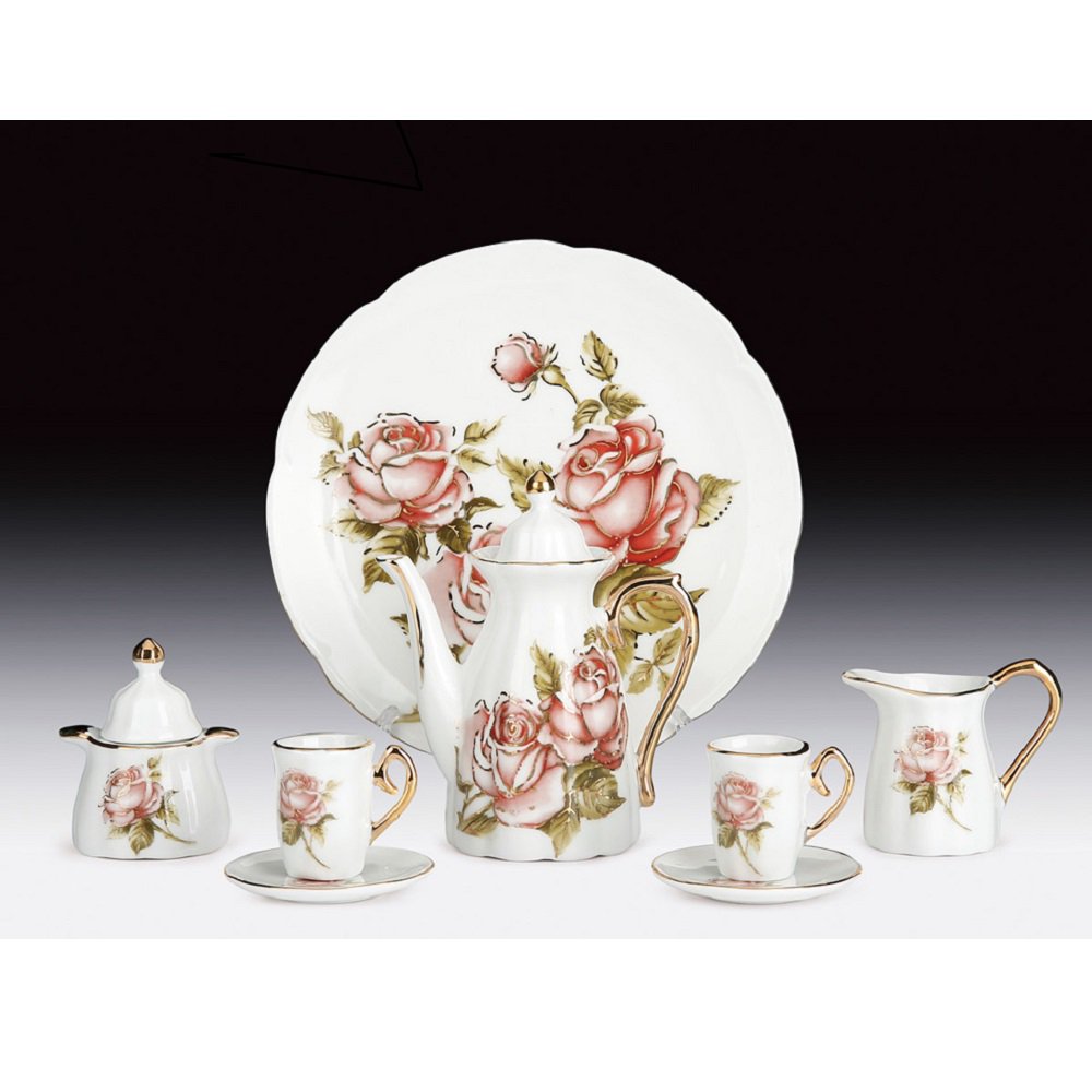 Miniature Porcelain 10 Piece Tea Set with Rose Pattern Rose Gold Edge