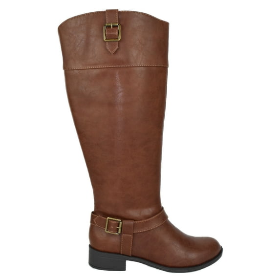 Mica Tan Brown Soda Women Knee High Buckled Horse Riding Flat Heel Wide Claf Boots 10