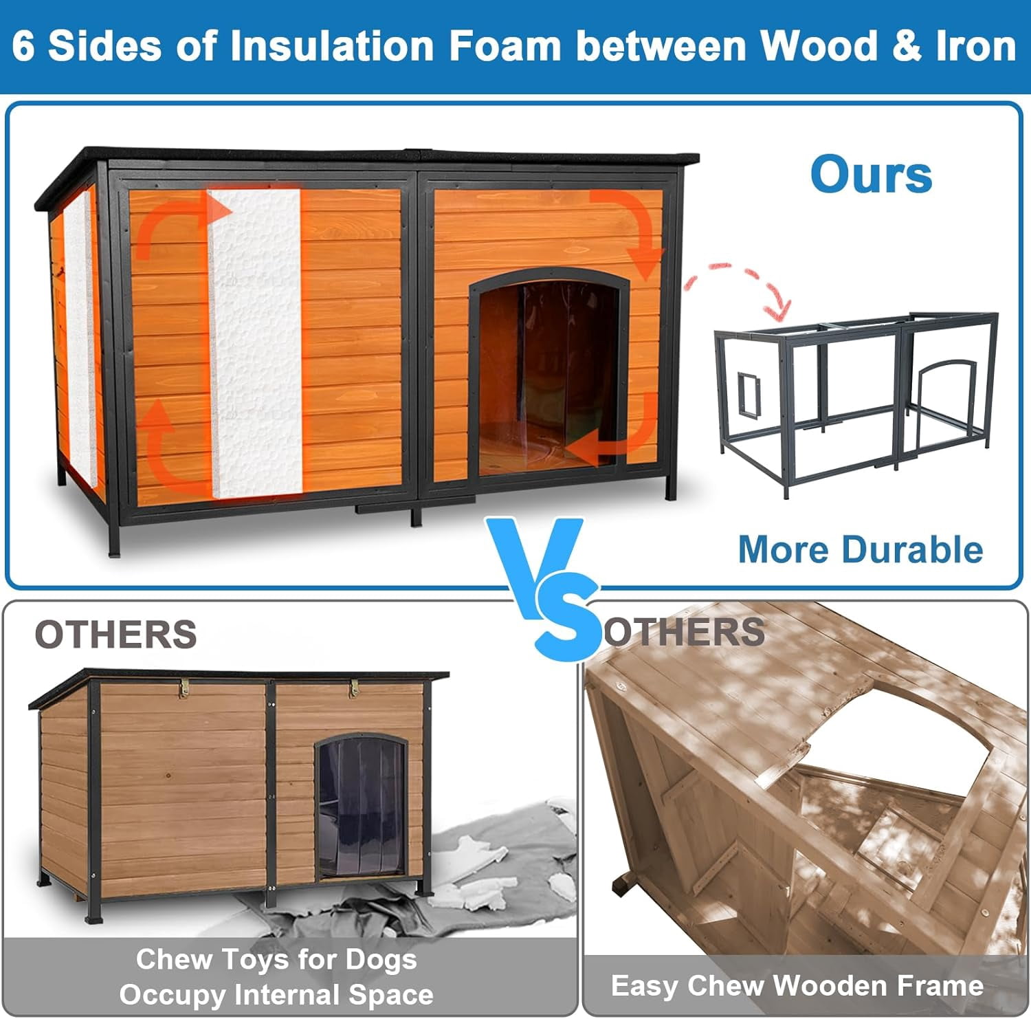 Insulated Extra Large Wooden Dog House Outdoor Iron Frame 59.1" L Winter Pet Kennel Weatherproof