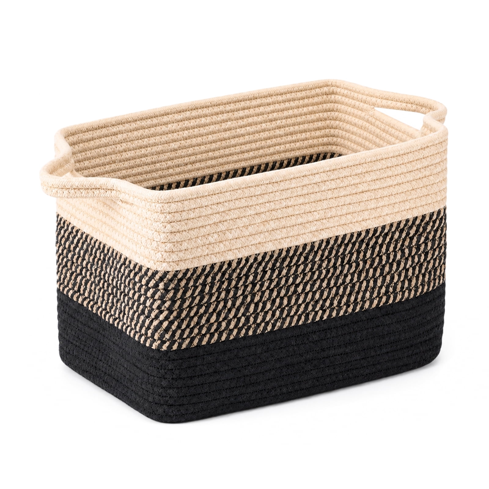 LIZEVINC Cotton Rope Storage Basket with Handles, Rectangle Woven Blanket Basket for Living Room, Bedroom, Baby Room, Laundry and Toy Organizer, 13.8 x 9 x 8.5 Inch
