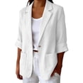 thumbnail image 2 of Women’s Single Button Cotton Linen Blazer Notched Lapel Jacket with Pockets, Breathable Roll up Long Sleeve Coat for Spring Fall White, 2 of 7