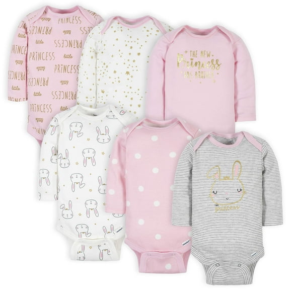 Gerber Baby Girls' 6-Pack Long-Sleeve Onesies Bodysuits, Princess Pink, 3-6 Months