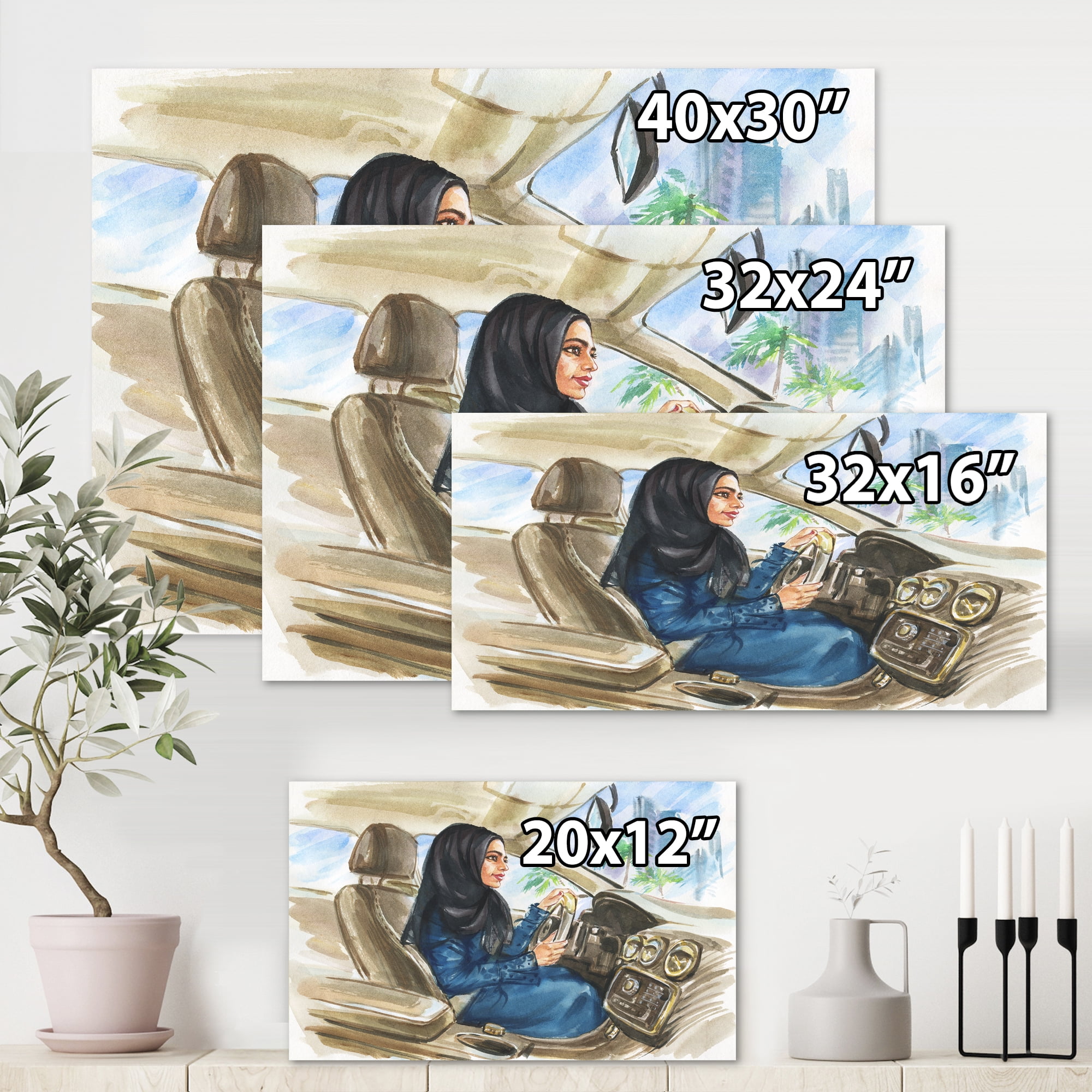 Designart ' Arabian Lady Driving A Car I ' Modern Canvas Wall Art Print