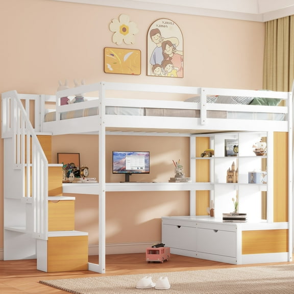 Harper & Bright Designs Full Size Loft Bed with Stairs and Desk, Wood Loft Beds Frame with Storage Drawers and Bookcase Shelves for Adults, Natural White