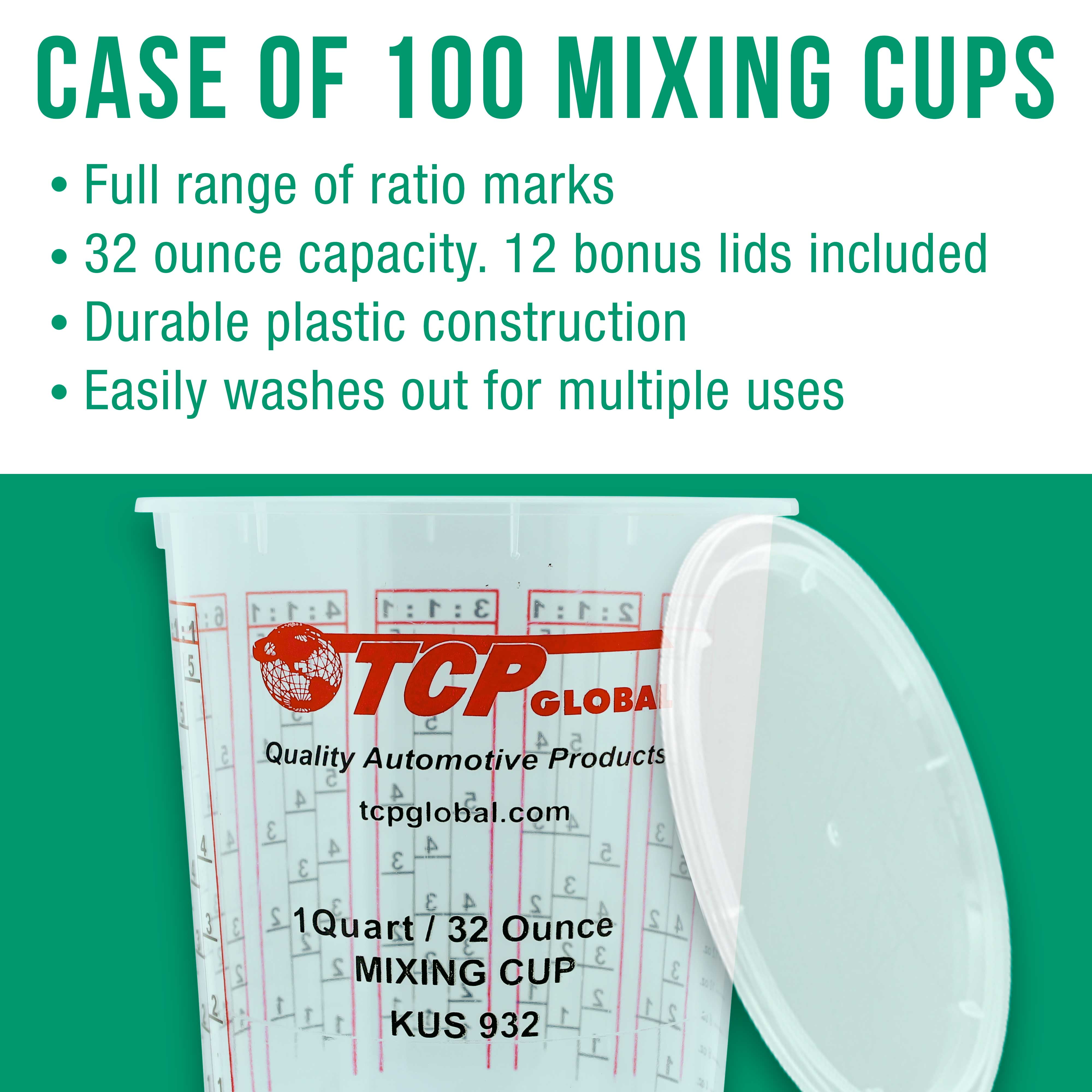 Custom Shop Paint Mixing Cups Plastic Measuring Cup Epoxy Resin, Disposable or Reusable, 32-Ounce (Quart) - Box of 100 - Graduated, Mixing Ratios, Automotive Painting Acrylic Art Crafts
