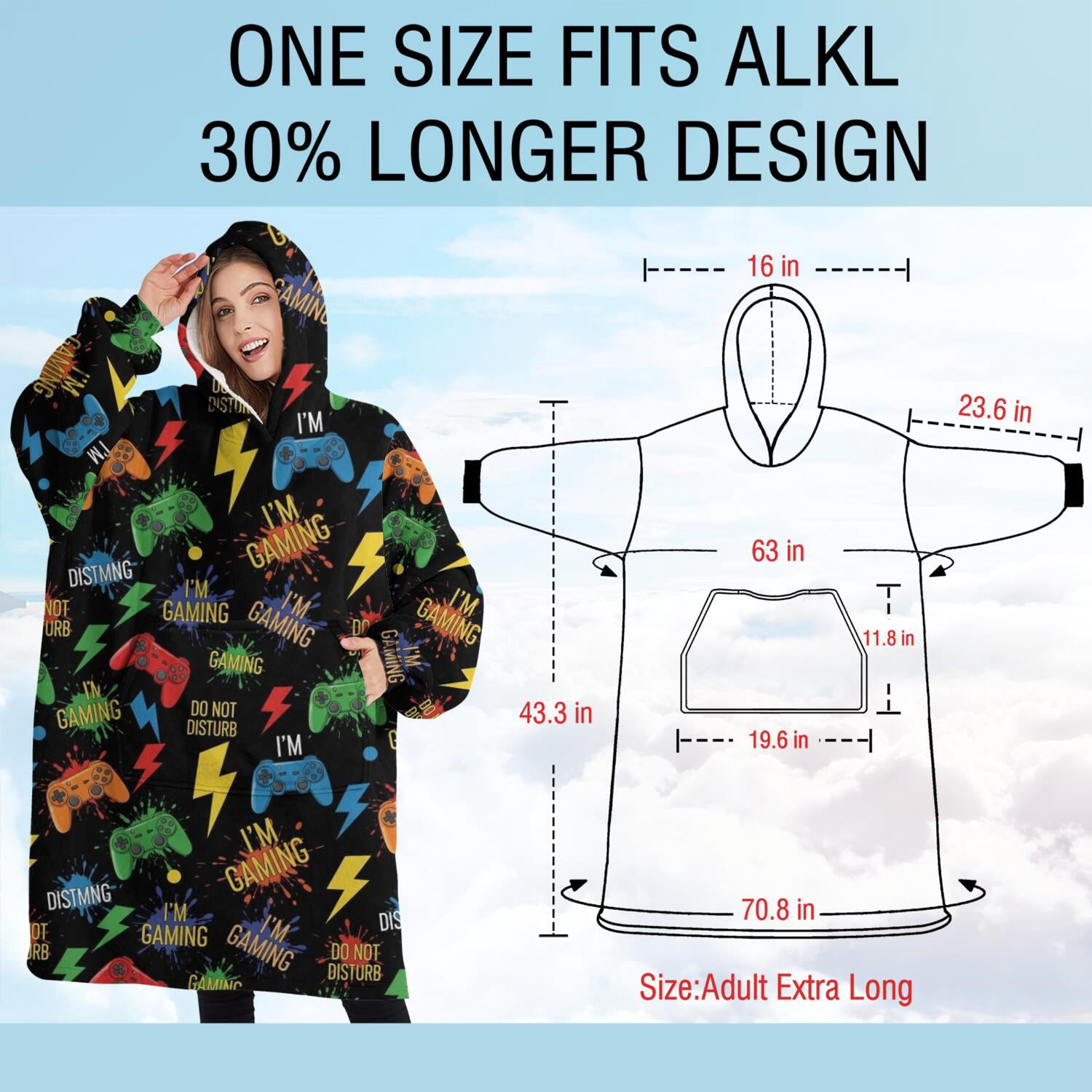 Oversized Wearable Blanket Hoodie,Colorful Controllers Games Words Black Pattern Sherpa Blanket Hoodie with Super Pockets,Super Warm Fuzzy Pullover for Women & Men