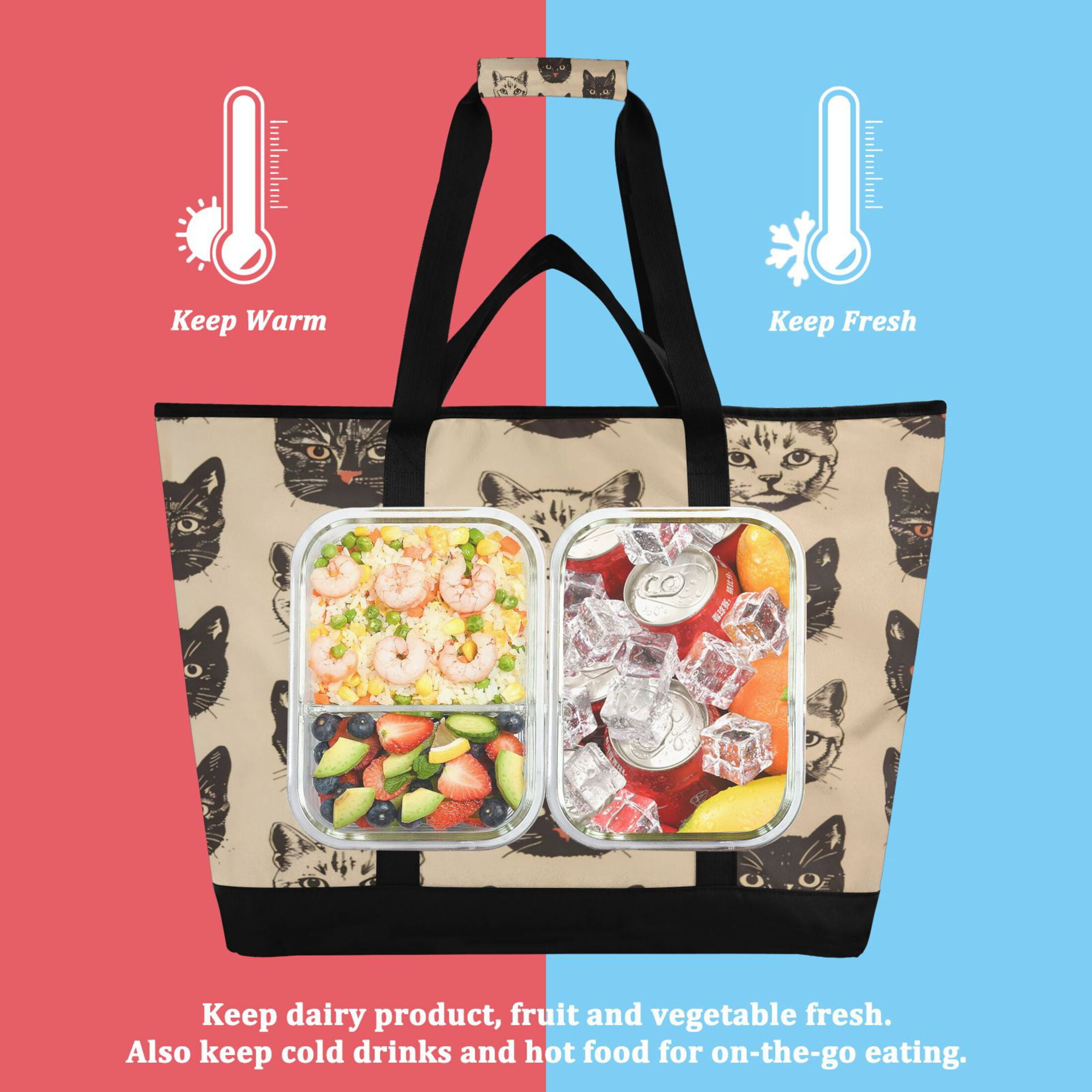 Large Hand-held Ice Pack Picnic Bag Insulation and Refrigeration Suitable for Shopping Picnics and Camping Black Cat