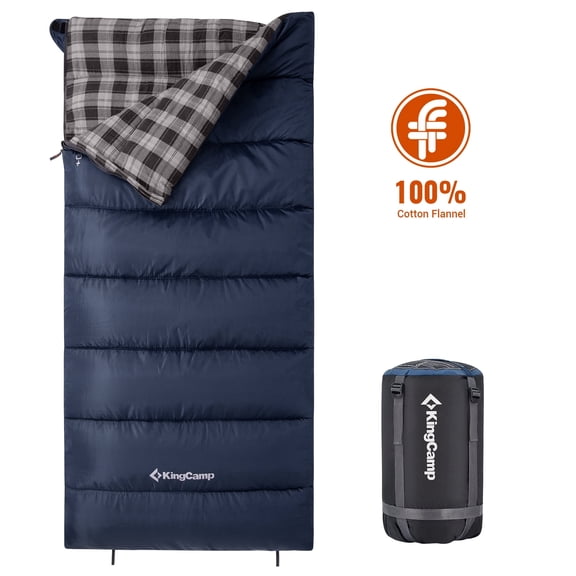 KingCamp Cotton Flannel Sleeping Bag XL Lightweight Envelope Design Sleeping Bag for Adults, Ideal for Camping & Backpacking, 5.07LBS, Navy Blue - Right Zip