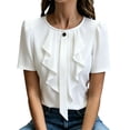 thumbnail image 2 of ClodeEU Women's Short Sleeve Crewneck Pleated Blouse with Ruffle Hem ,Business Casual Office Top White,Women's Plus L, 2 of 8