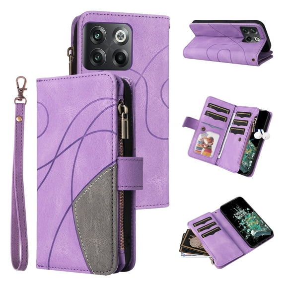 Wallet Case for OnePlus 10T 5G, PU Leather Zipper Storage Bag Kickstand Shockproof Flip Cover for OnePlus 10T 5G