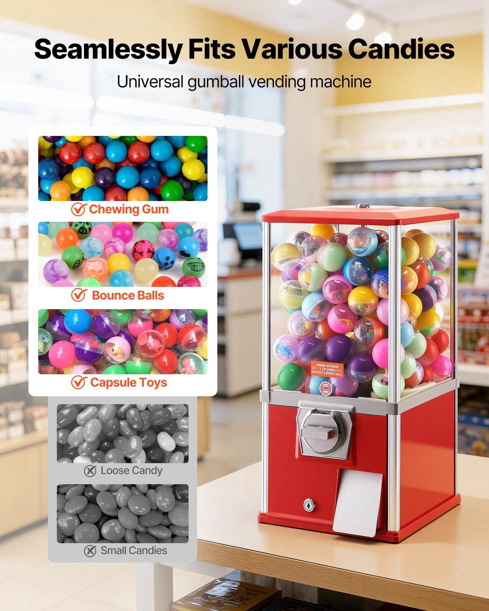 21 Inch Gumball Machine Candy Vending Dispenser Holds 180 1.77 Inch Spherical Candies for Malls Supermarkets Amusement Parks Arcades