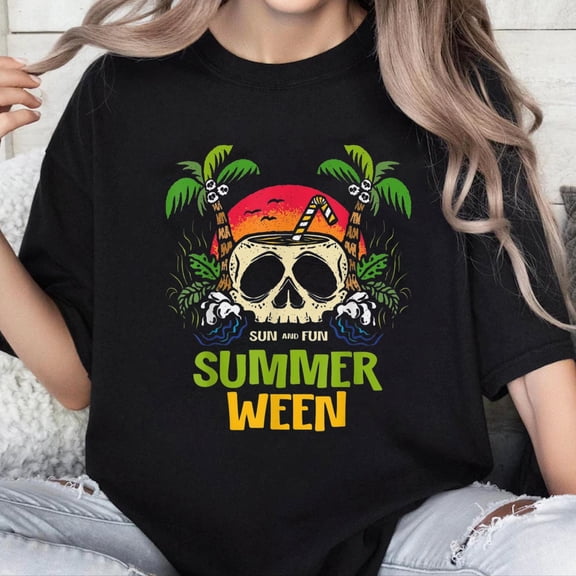 100% Cotton Unisex Summerween Vibes Skeleton Plam Trees Island Summer Halloween T-Shirt