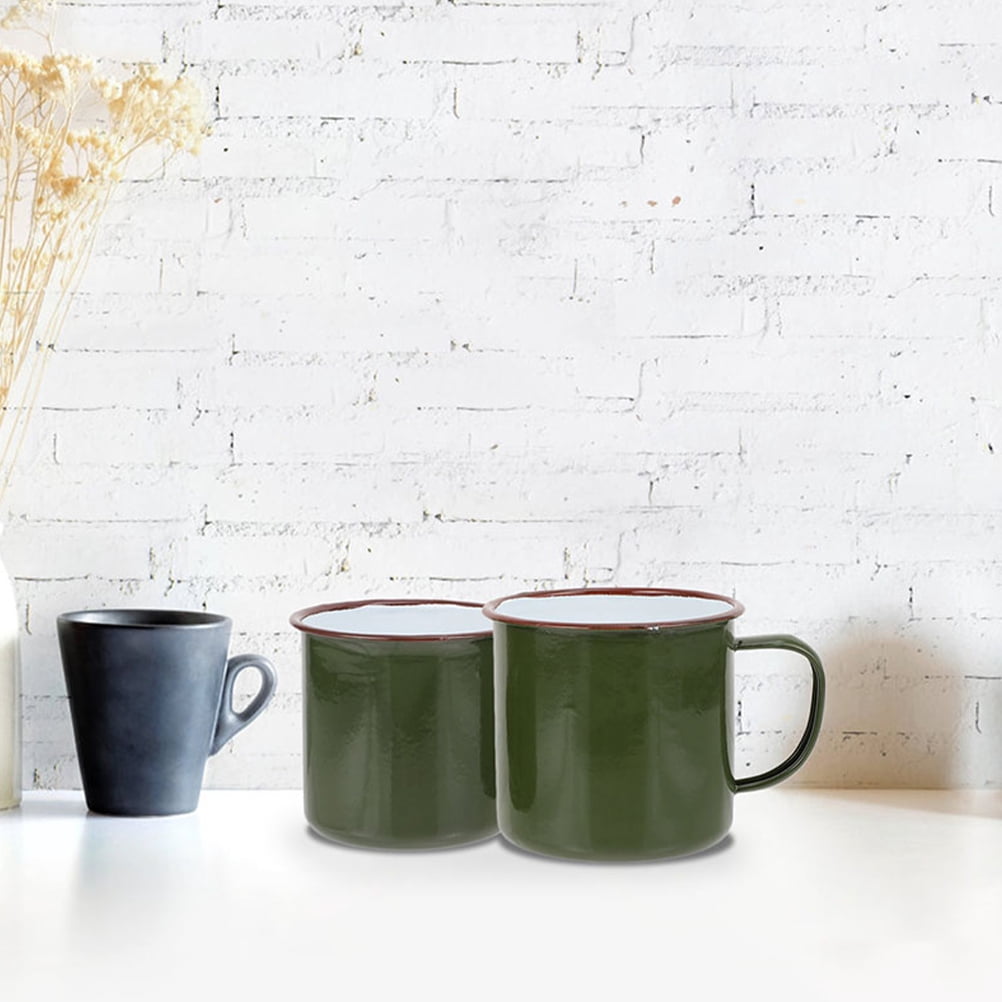 Green Enamel Coffee Mugs with Lid for Kitchen Simple Style Durable and Easy to Clean 2 Pieces