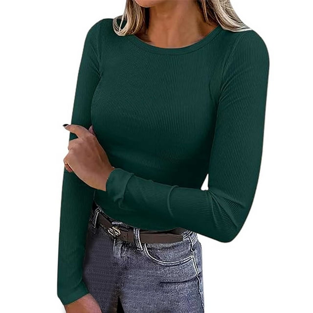 Womens Long Sleeve Ribbed Crewneck T-Shirt - Fitted Stretch Basic Top, Versatile Casual Shirt for All Seasons