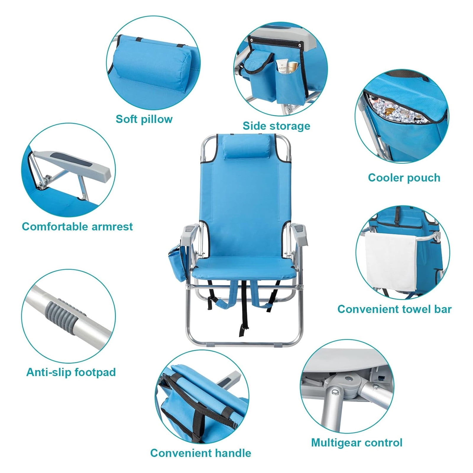 5-Position Adjustable Beach Lounge Chair with Cooler Cup Holder Storage Pockets, 600D Oxford Aluminum Frame Foldable Portable Backpack Beach Chair Holds 330 LBS