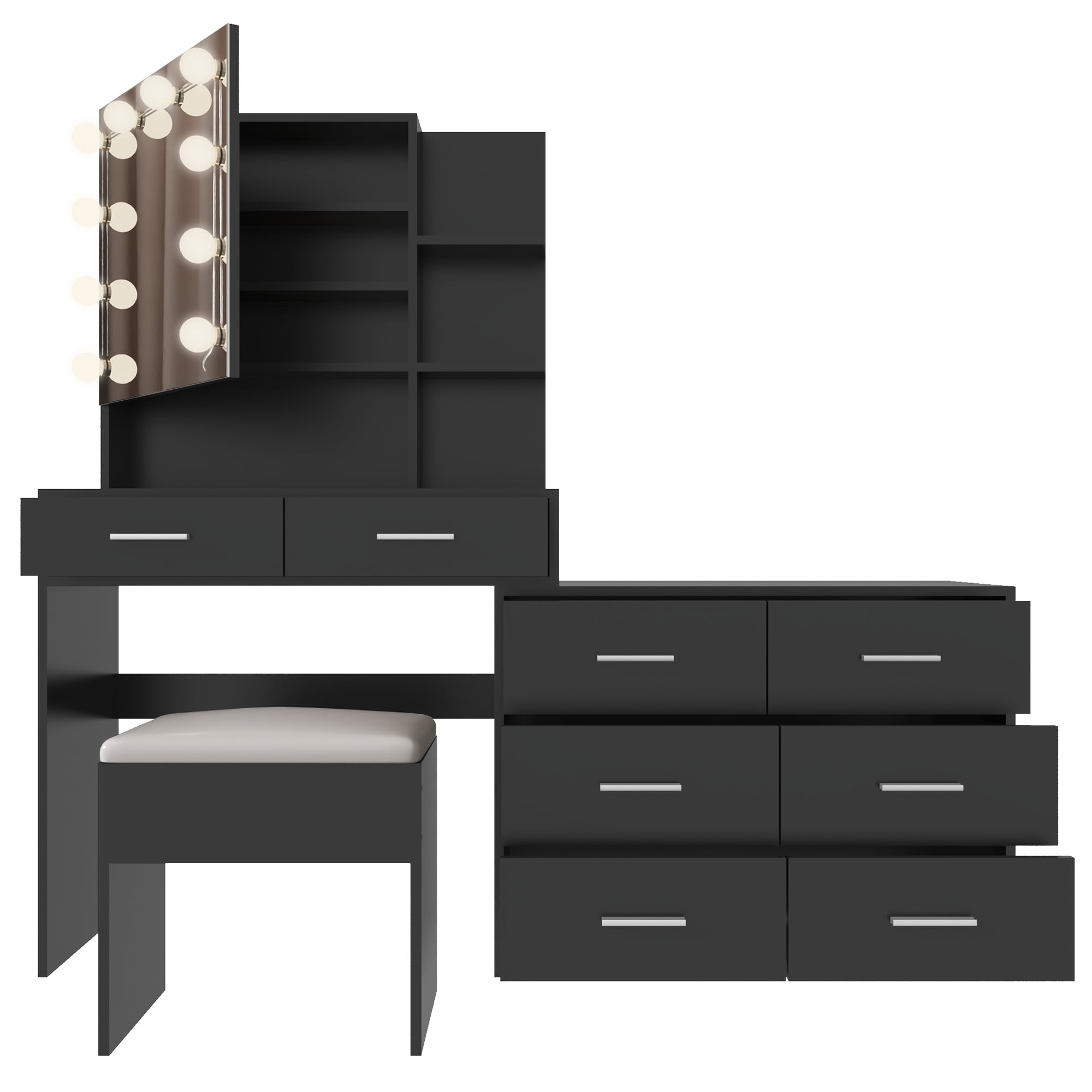 Ktaxon Makeup Vanity with 8 Drawers&Charging Station, Vanity Desk with 3 Color Light, Vanity Table Set w/ Drawer Dresser, Black