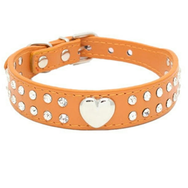 Collar de perro de cuero con remache de corazón brillante de diamantes de imitación de 2 filas para tamaño pequeño