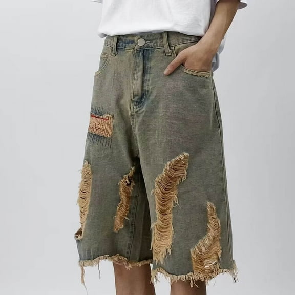 HaoXianJian Women's Casual Long Jean Shorts Wide High Waisted Straight Leg Denim Shorts Cutout Stretchy Jean Short Loose Fits with Pockets