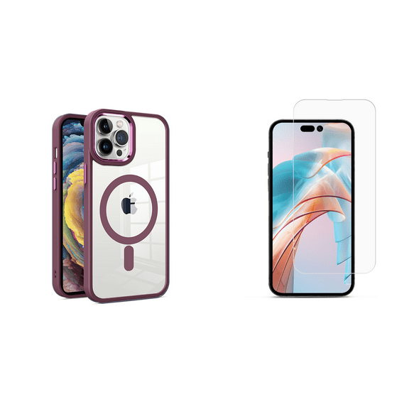 BEMZ Orbit (Compatible with MagSafe) Protective Case for iPhone 15 Pro Max (with Tempered Glass Screen Protector) Burgundy Red / Transparent Clear