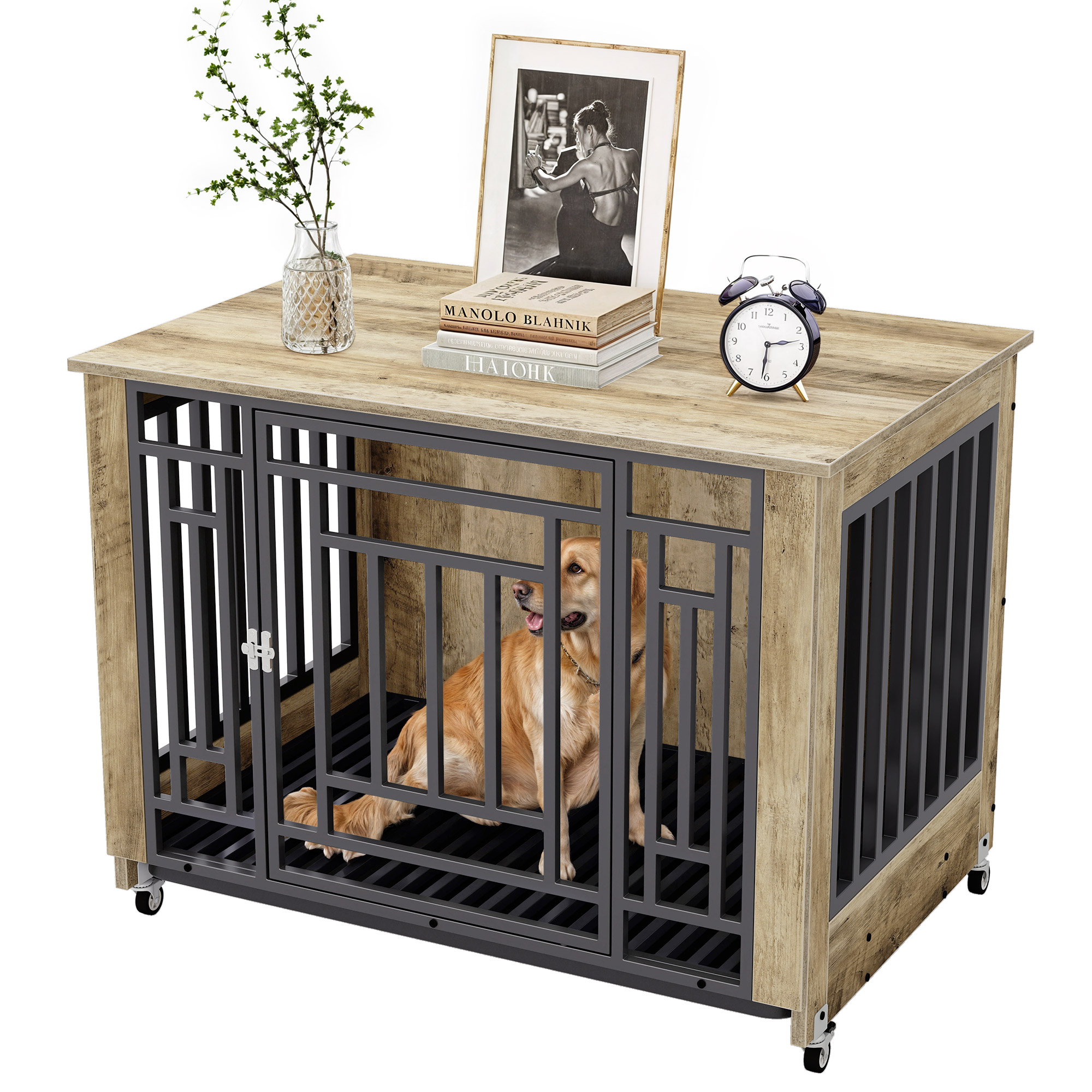 Craftian 38.2 inch Dog Kennel Furniture, Indoor Dog Crate Furniture with Wheels, Ideal for Small Medium Large Dogs - Greige