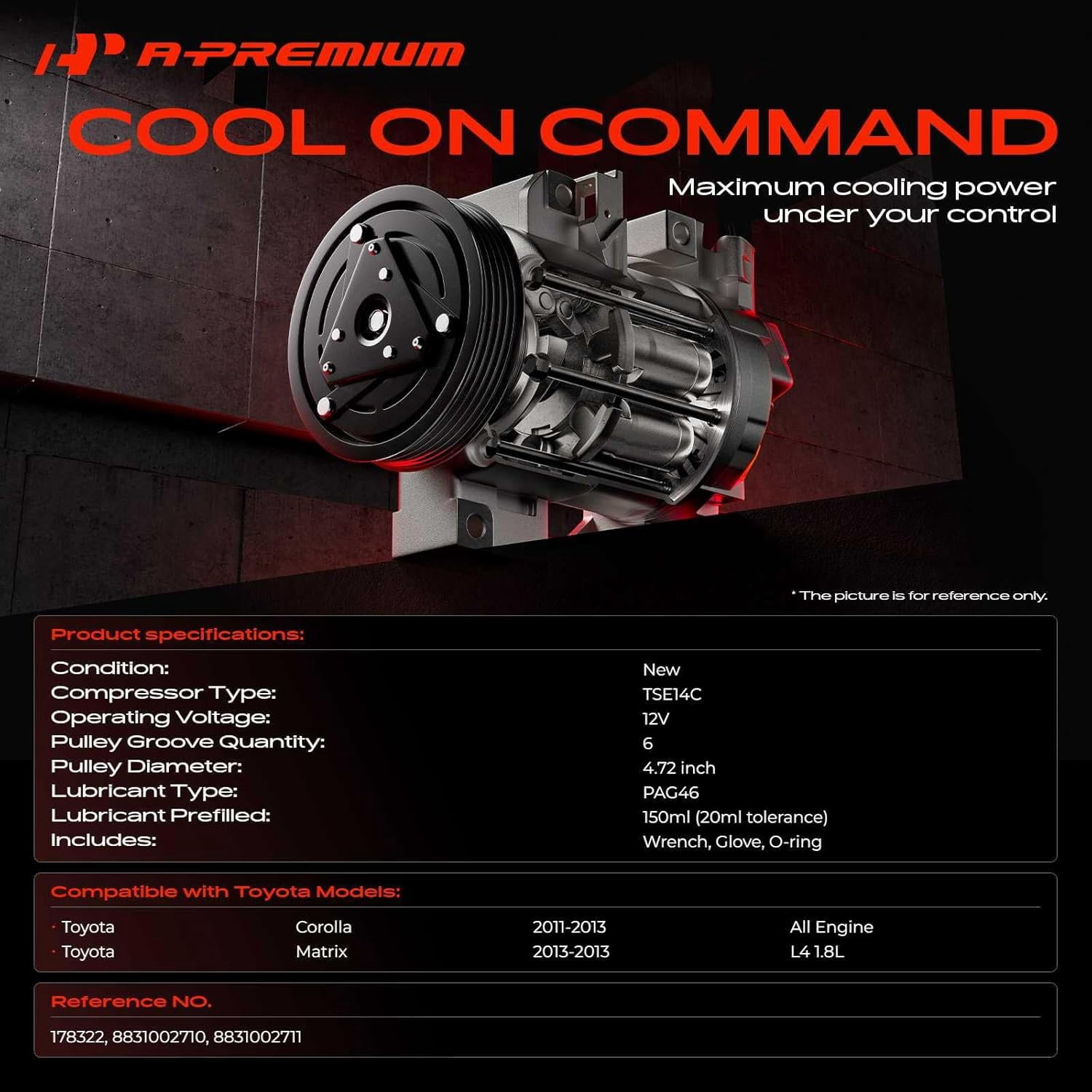 A-Premium AC Compressor with Clutch Compatible with Toyota Corolla 2011-2013 Matrix 2013 L4 1.8L