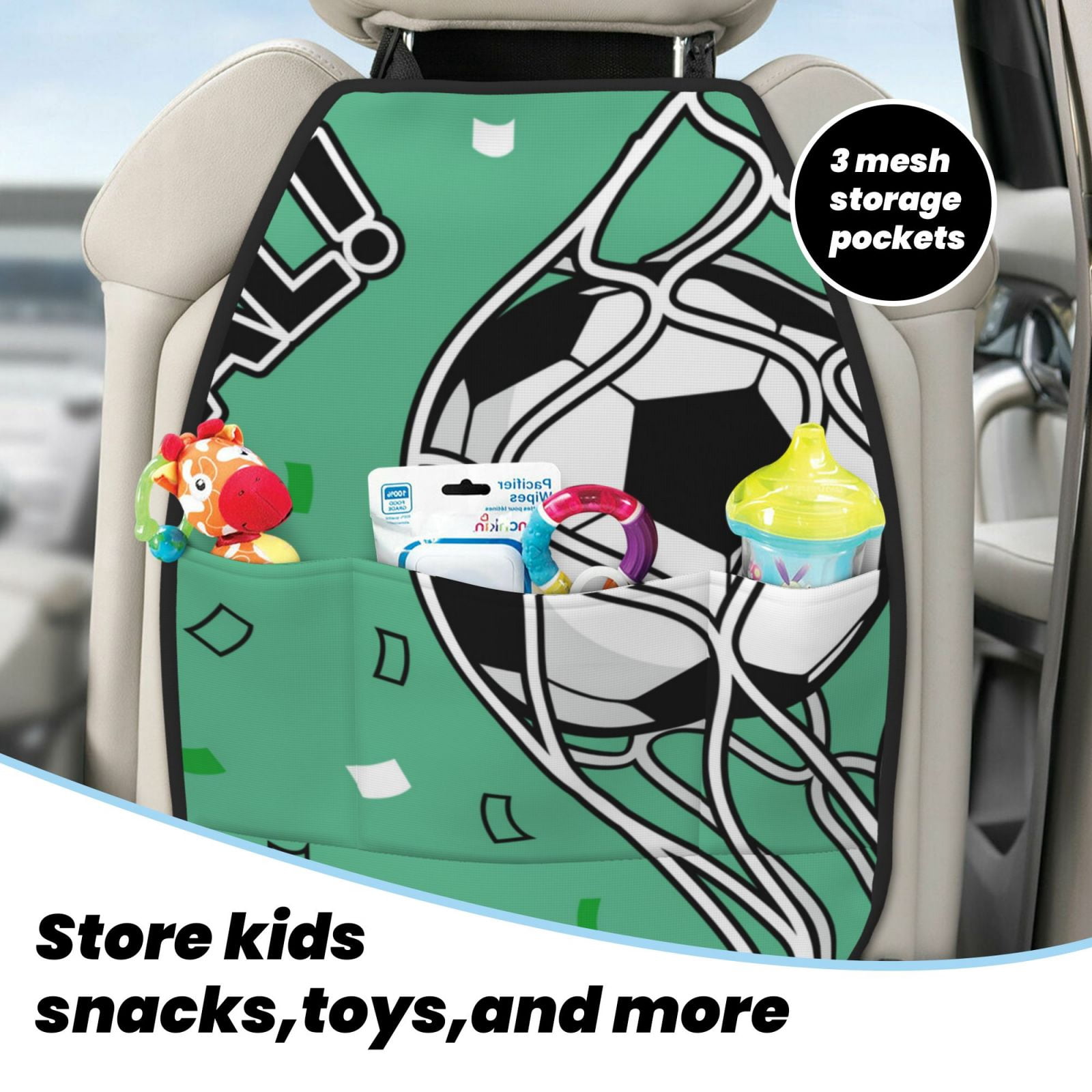 Kdxio BALL INSIDE THE NET GOAL Print 2 Pack Car Kick Mat Seat Cover Back Protector Mat with Pockets for Organizer Backseat Protector and Storage Anti Kick Pad for Vehicles