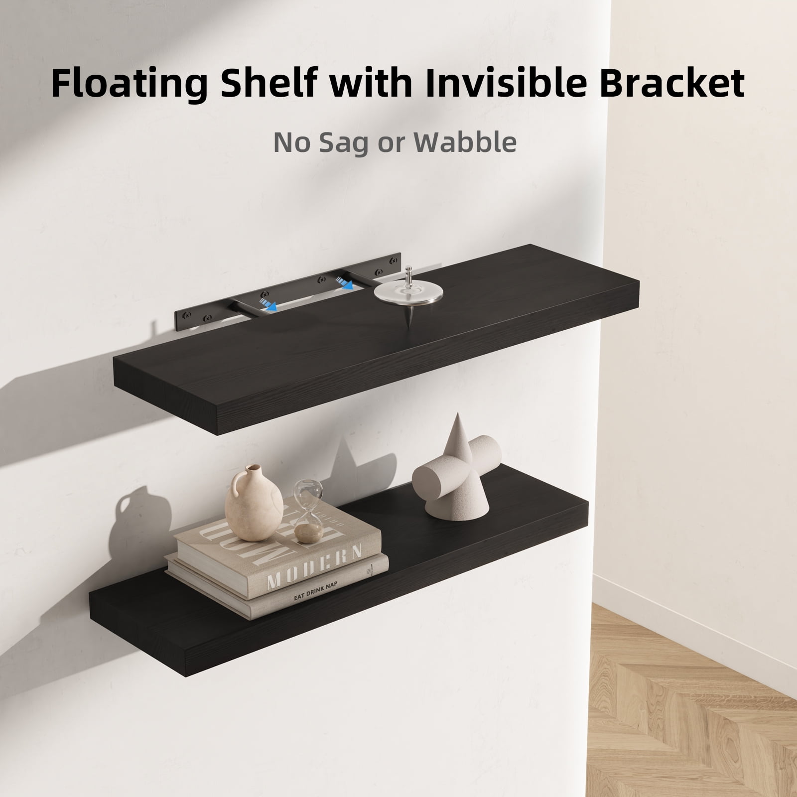 16.5 in Solid Wood Floating Shelves Wall Mounted Shelves, Black Color, Set of 2