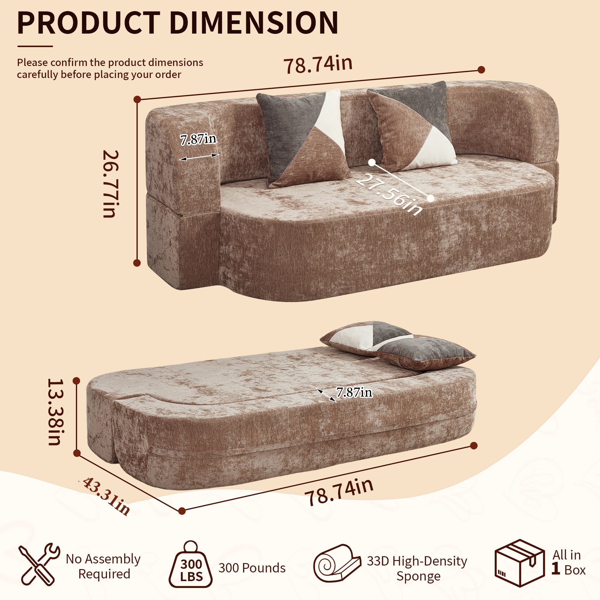 78.74"W Eggshell Convertible Sofa,Floor Couch,Sleeper Sofa Bed,No Assembly High-Density Sponge Loveseat with 2 Pillows for Living Room, Apartment,Small Spaces,Taupe Beige