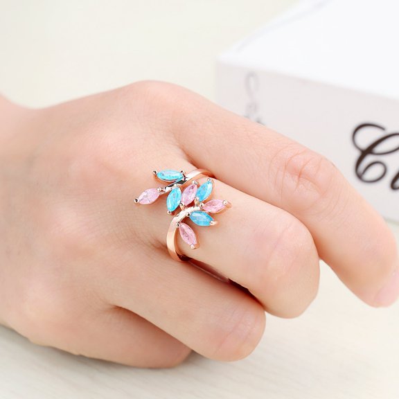 Women Rose Gold Plated Zircon Ring Adjustable Ice Flower Design Pink Blue Gemstone Jewelry Gift An Elegant Gift Idea