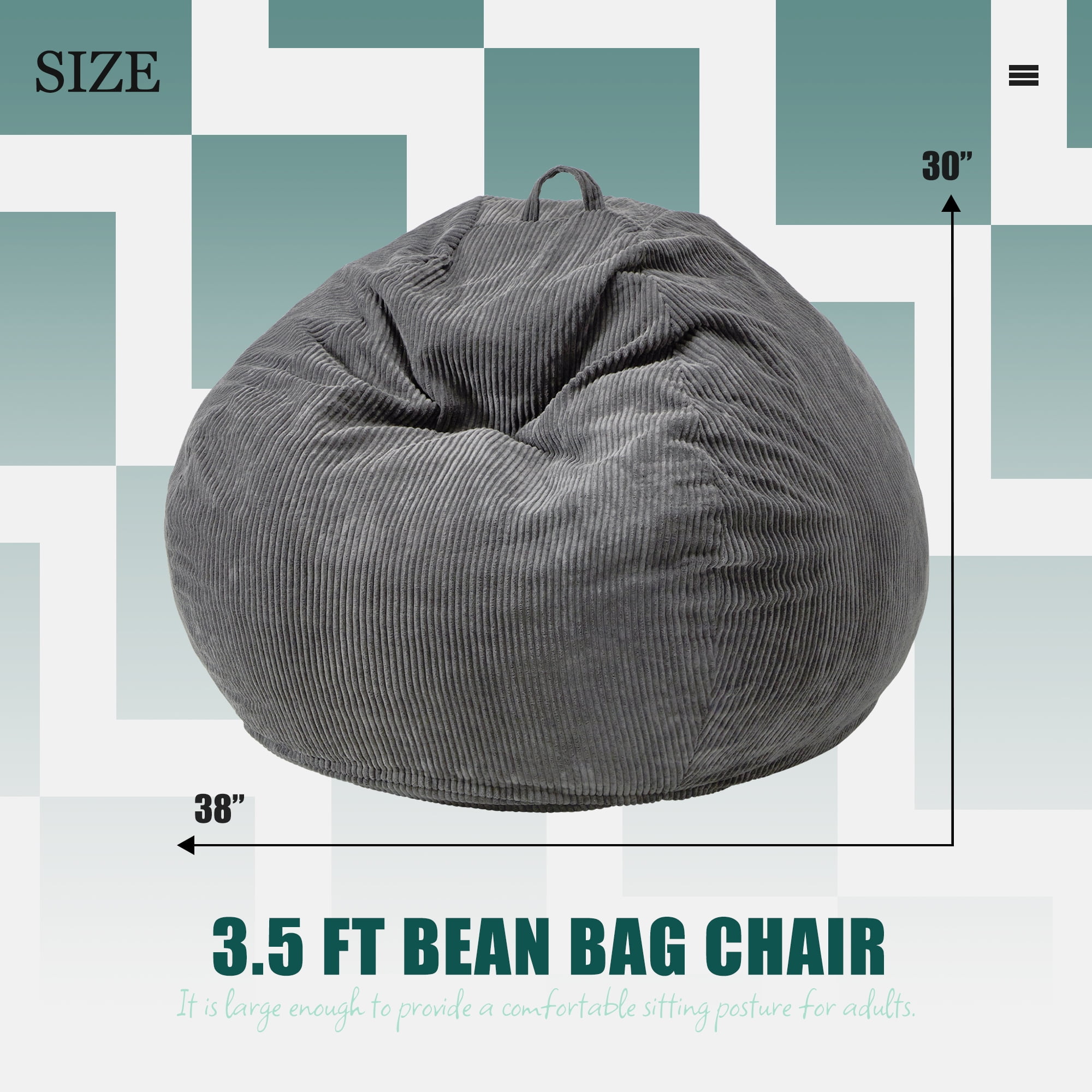 3.5FT Bean Bag Chair for Adult with Filler Included Large Teardrop Bean Bag Chair with Removable Cover for Bedroom Living Room (Large, Grey)