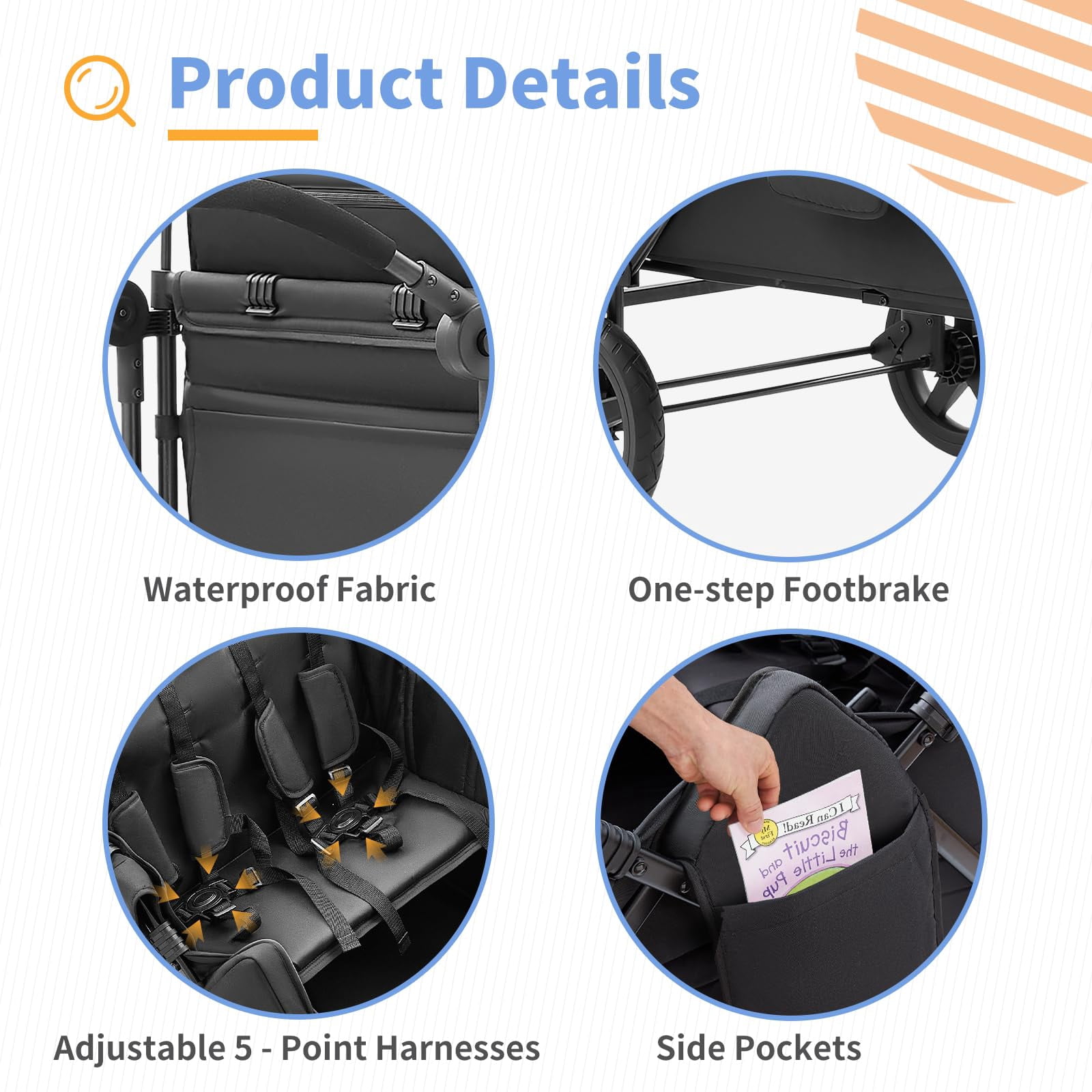 Linor Wagon Stroller for 4 Kids, Wagon Cart Featuring Snack Tray with Storage Bag and Adjustable Canopy, Foldable 4 Seater Wagon Stroller for Garden, Stroller, Camping