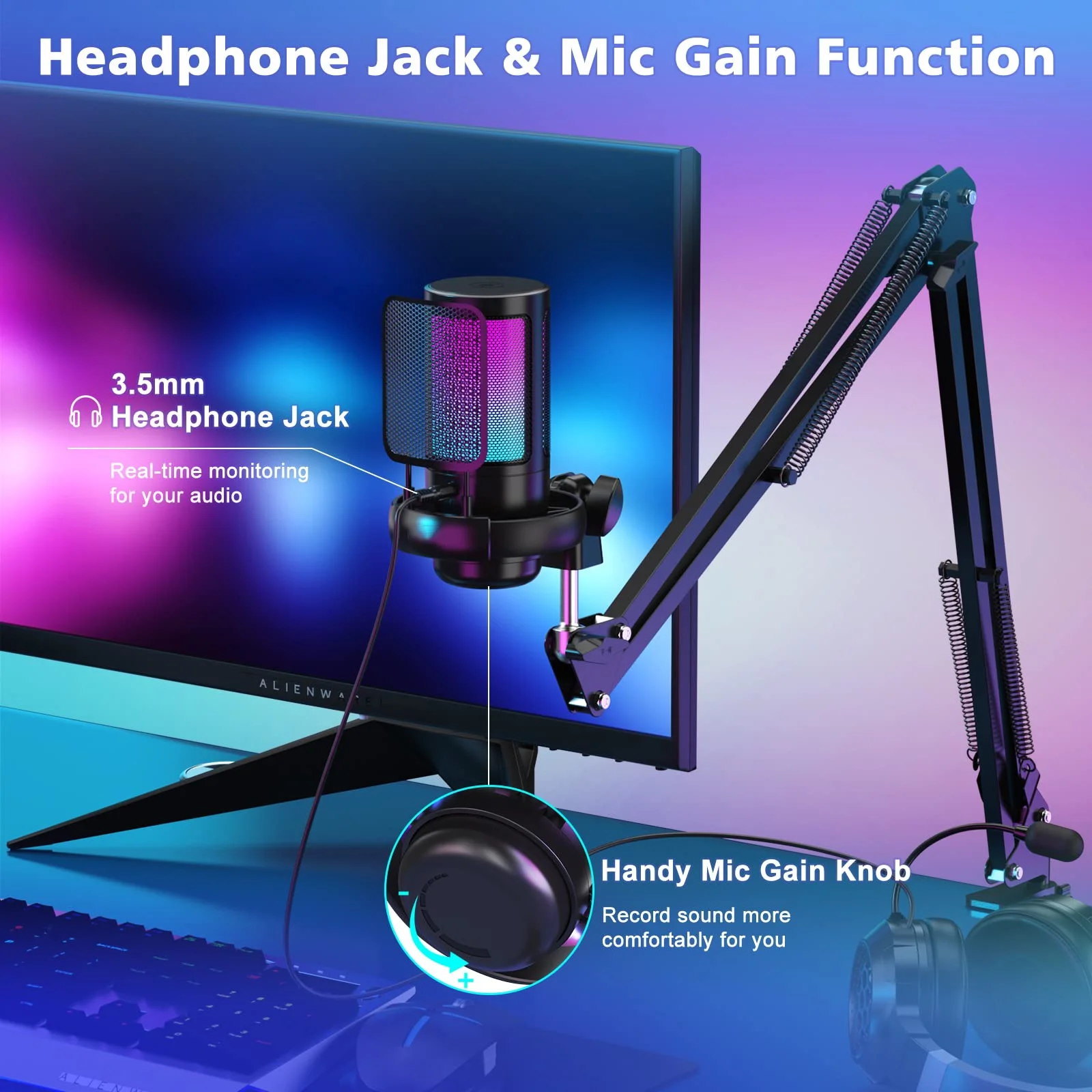 Gaming USB Microphone,Noise Cancellation Condenser mic with Touch Mute,Gain,Monitoring,Boom Arm for Streaming,Podcast,Twitch,YouTube,Discord,iPhone,iPad,PC,Computer,PS4,PS5,Mac,GamerWave