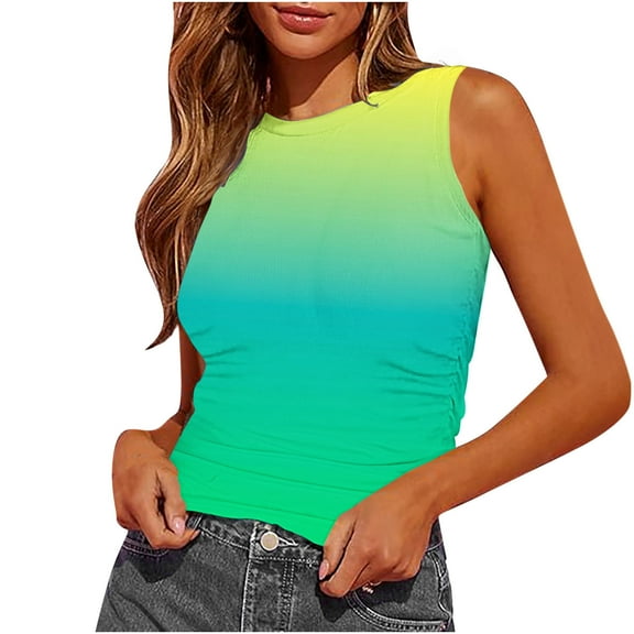 Womens Summer Tanks Gradient Tops Crew Neck Blouse Striped Camis Sleeveless Tshirts Floral Printed Vest Basic Tops Shirt Ladies Tunic Tops Trendy Casual Camisole