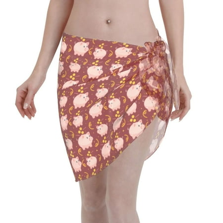 Qekee Cute Pig with Coins Women s Short Sarongs Cover Ups Sheer Bikini Wraps for Swimwear