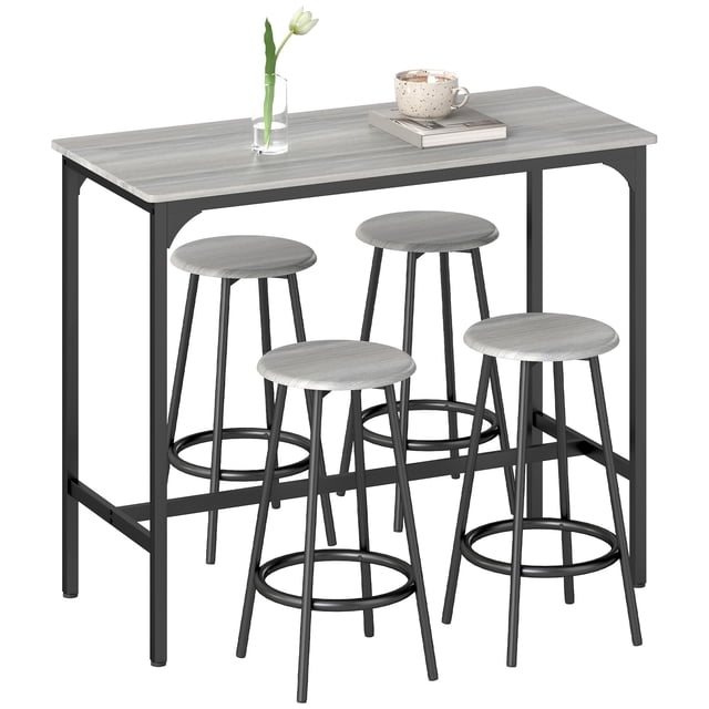 Industrial 5-Piece Grey Bar Table Set for 4 - Kitchen Counter Height Table & Stools for Dining Room, Compact Space-Saving Design