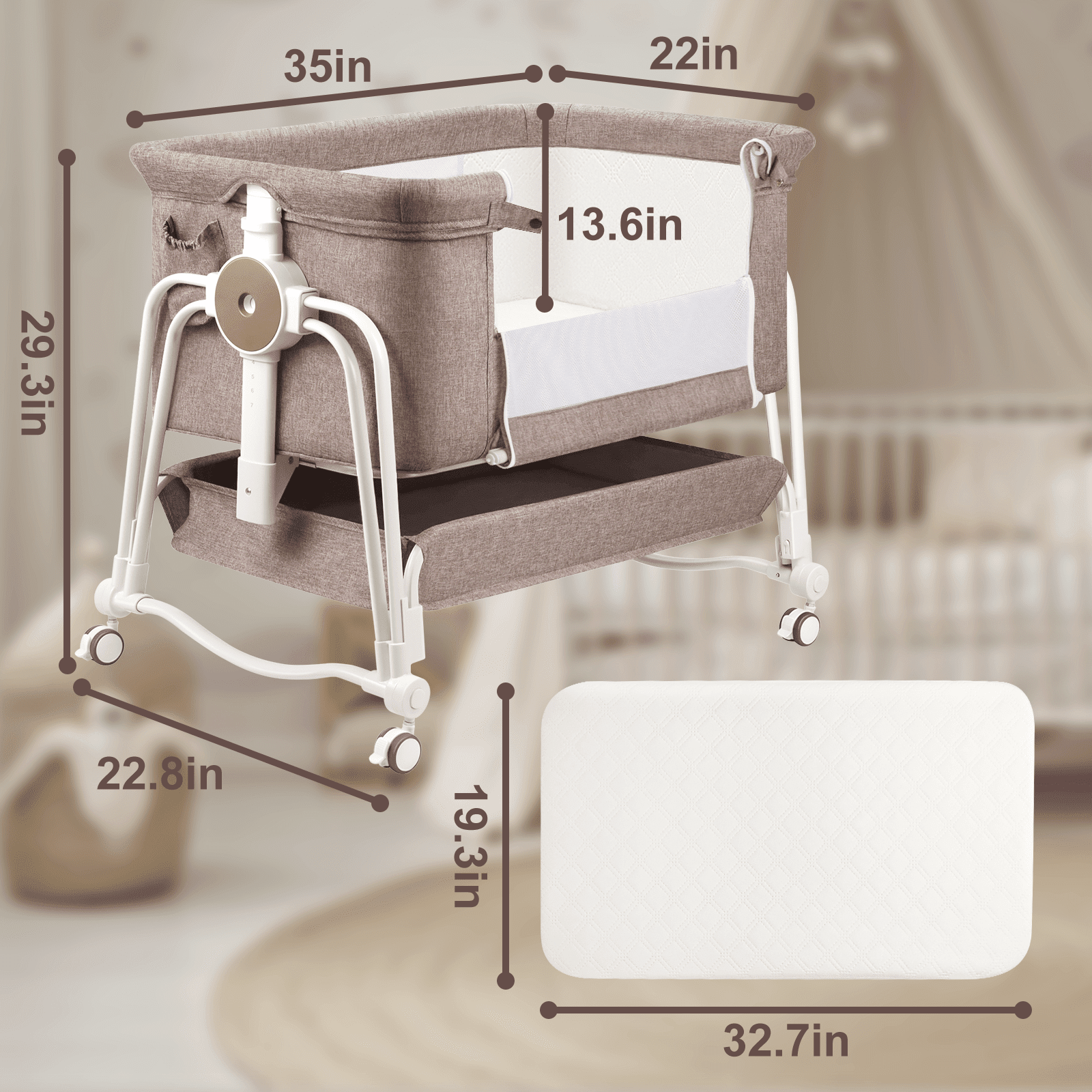 PRVAETU 4-in-1 Baby Bassinet & Bedside Sleeper for Babies, 7-Level Height Adjustable, Wheels with Storage Basket, Breathable Mesh,Khaki