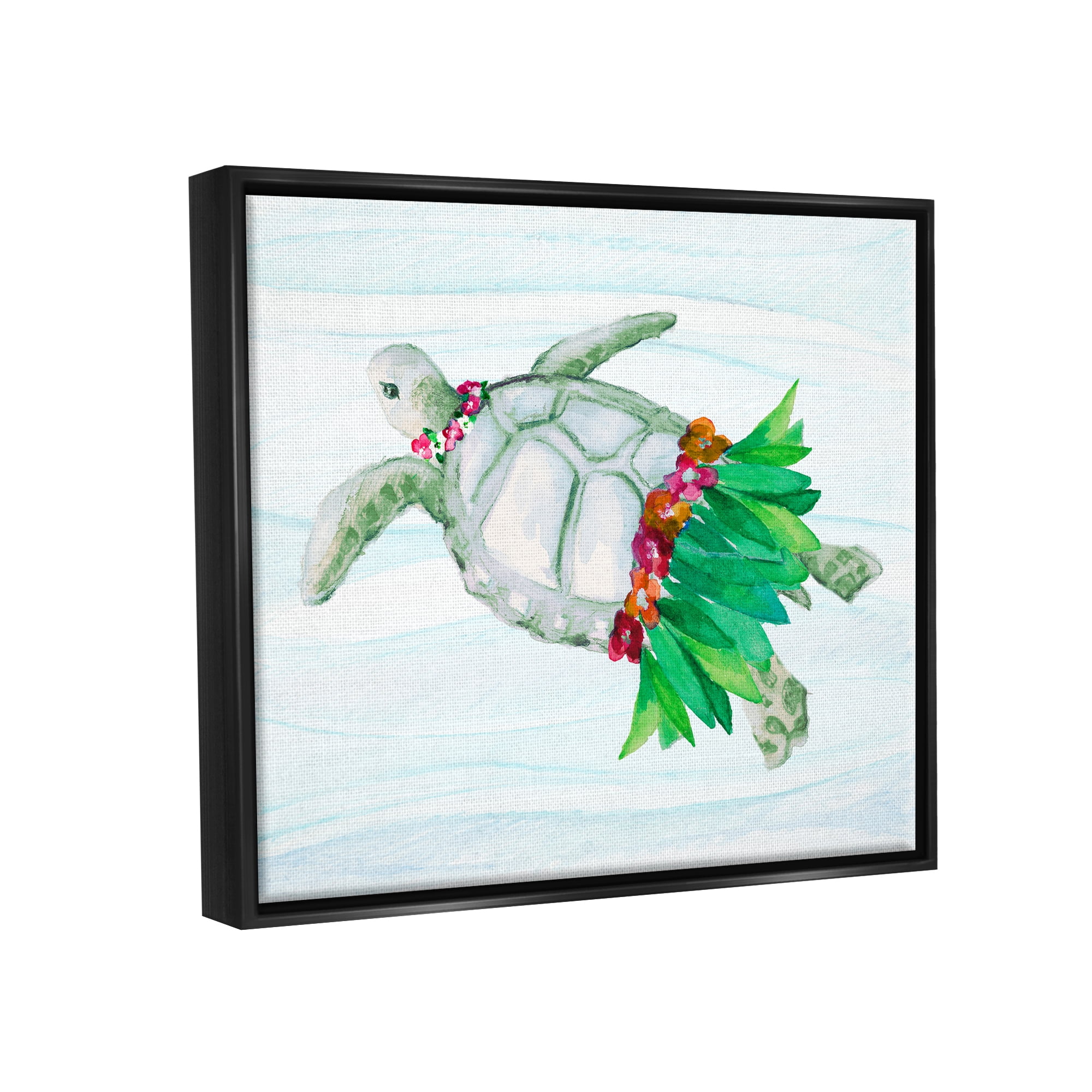 Stupell Hula Turtle Funny Tortoise Landscape Painting Black Floater Framed Art Print Wall Art