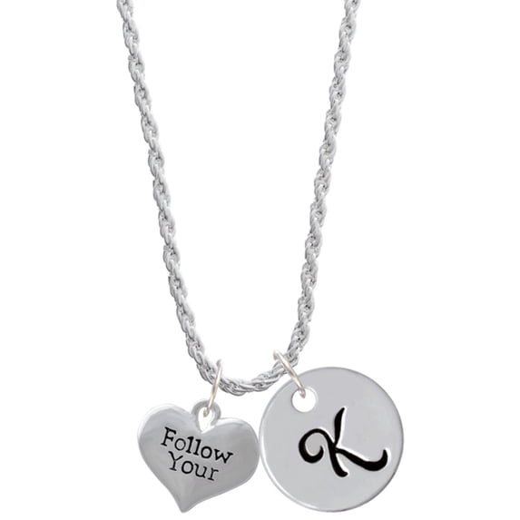 Delight Jewelry Silvertone Follow Your Heart Silvertone Script Initial Disc - K - Charm Necklace, 20"+3"